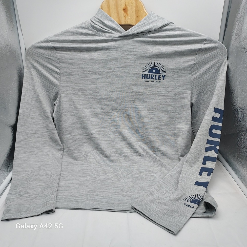Hurley Mens Small Grey Long Sleeve Hooded Sun Shirt Rash Guard Surf and Enjoy